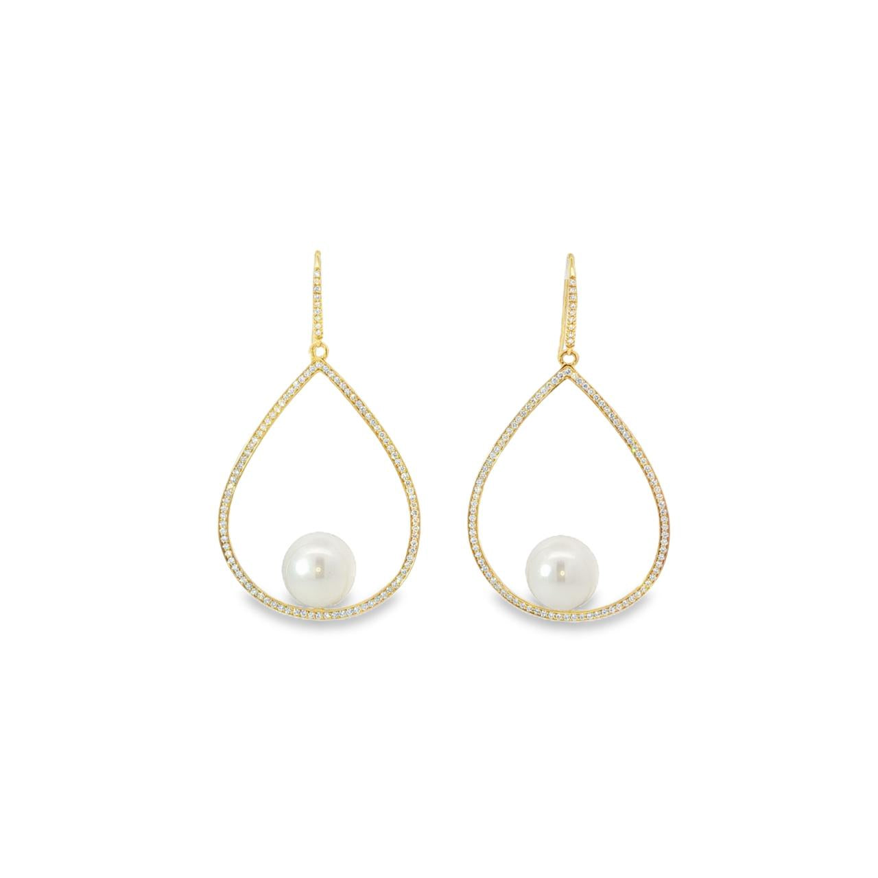 18ct yellow gold open pear earrings with bead-set diamonds and 11mm South Sea pearls.