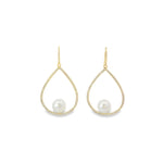 18ct yellow gold open pear earrings with bead-set diamonds and 11mm South Sea pearls.