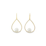 18ct yellow gold open pear earrings with bead-set diamonds and 11mm South Sea pearls.