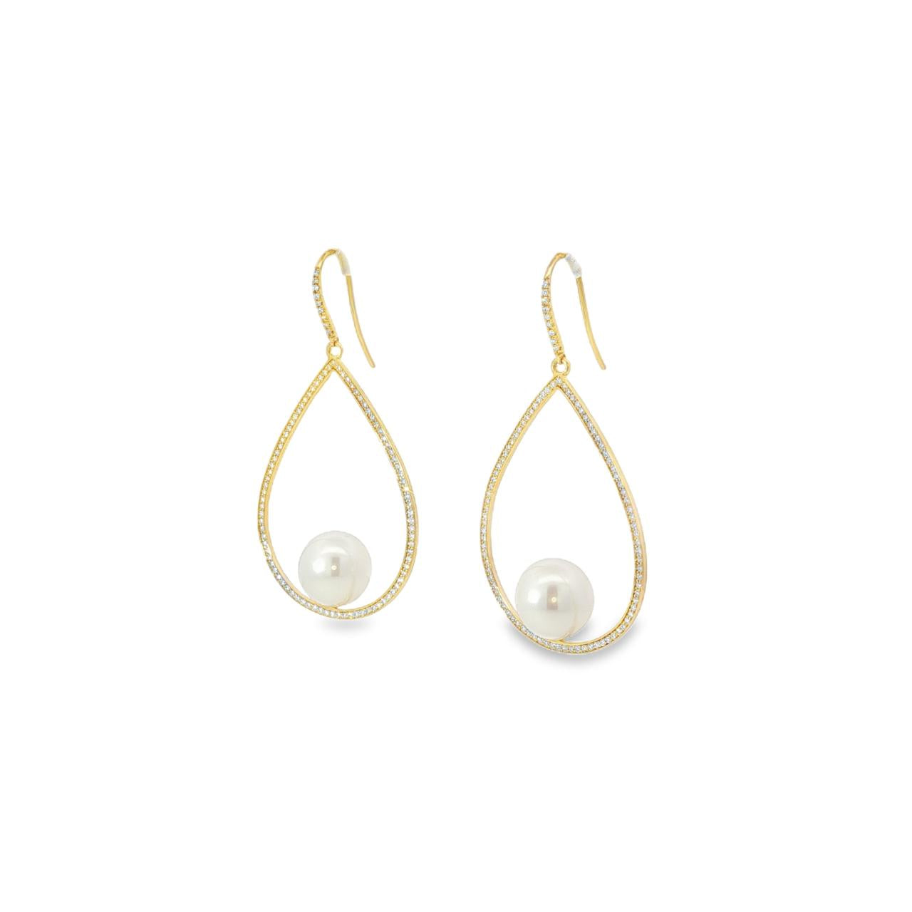 18ct yellow gold open pear earrings with bead-set diamonds and 11mm South Sea pearls.