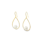 18ct yellow gold open pear earrings with bead-set diamonds and 11mm South Sea pearls.