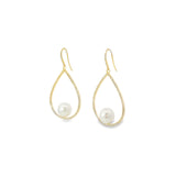 18ct yellow gold open pear earrings with bead-set diamonds and 11mm South Sea pearls.