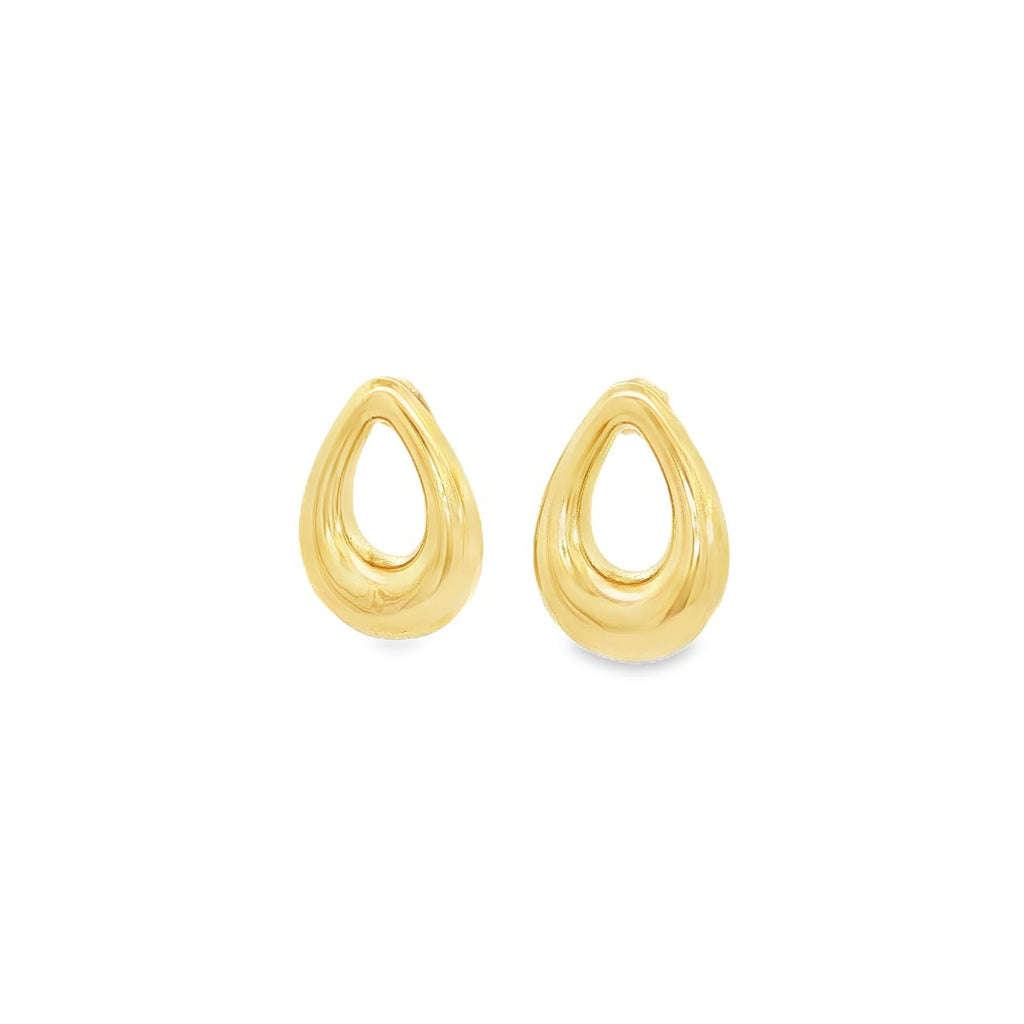9ct yellow gold open puff pear-shaped stud earrings with domed tapered design.