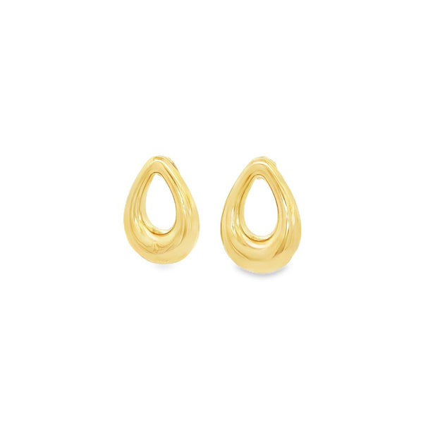 9ct yellow gold open puff pear-shaped stud earrings with domed tapered design.