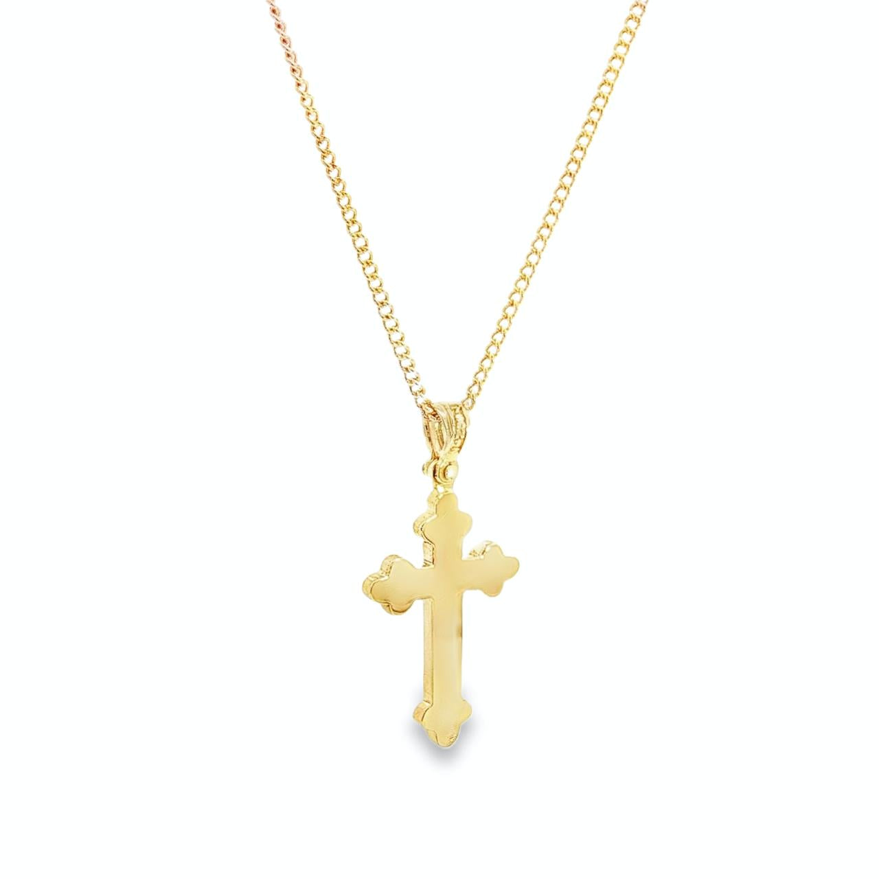 18ct yellow gold flat Orthodox cross pendant with tapered pendant runner.