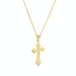18ct yellow gold flat Orthodox cross pendant with tapered pendant runner.