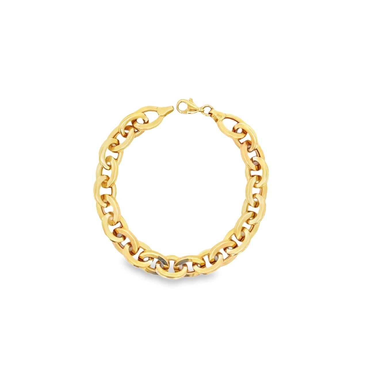 9ct yellow gold hollow bracelet featuring alternating plain and concave oval links with a parrot clasp.