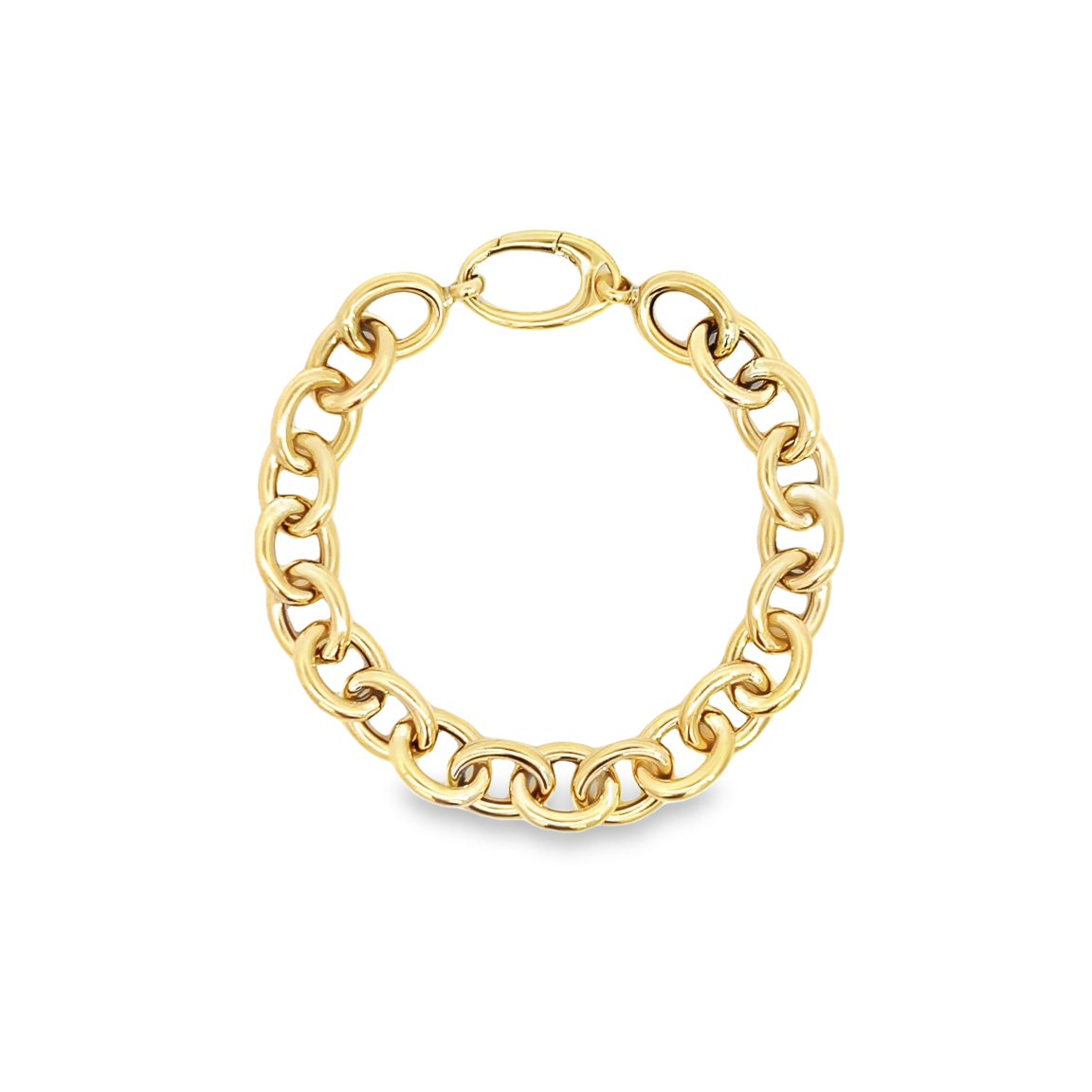 9ct yellow gold bracelet with short oval links and a fancy clasp, polished for a refined finish.