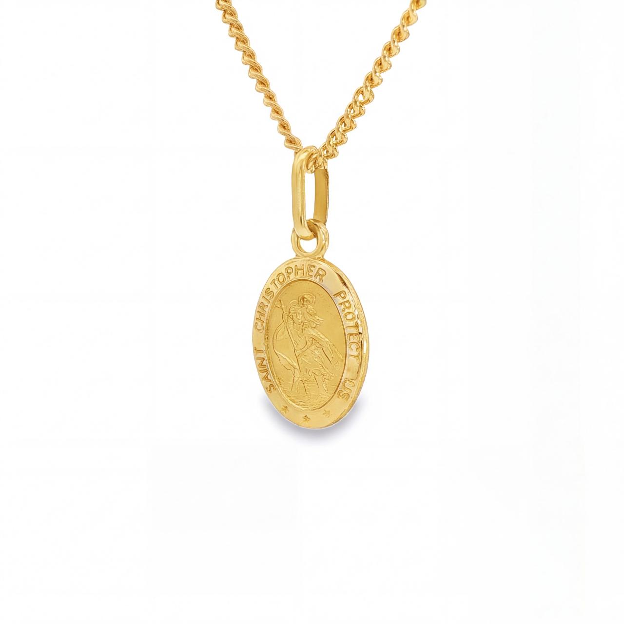 9ct yellow gold oval St Christopher pendant with traditional engraved design.