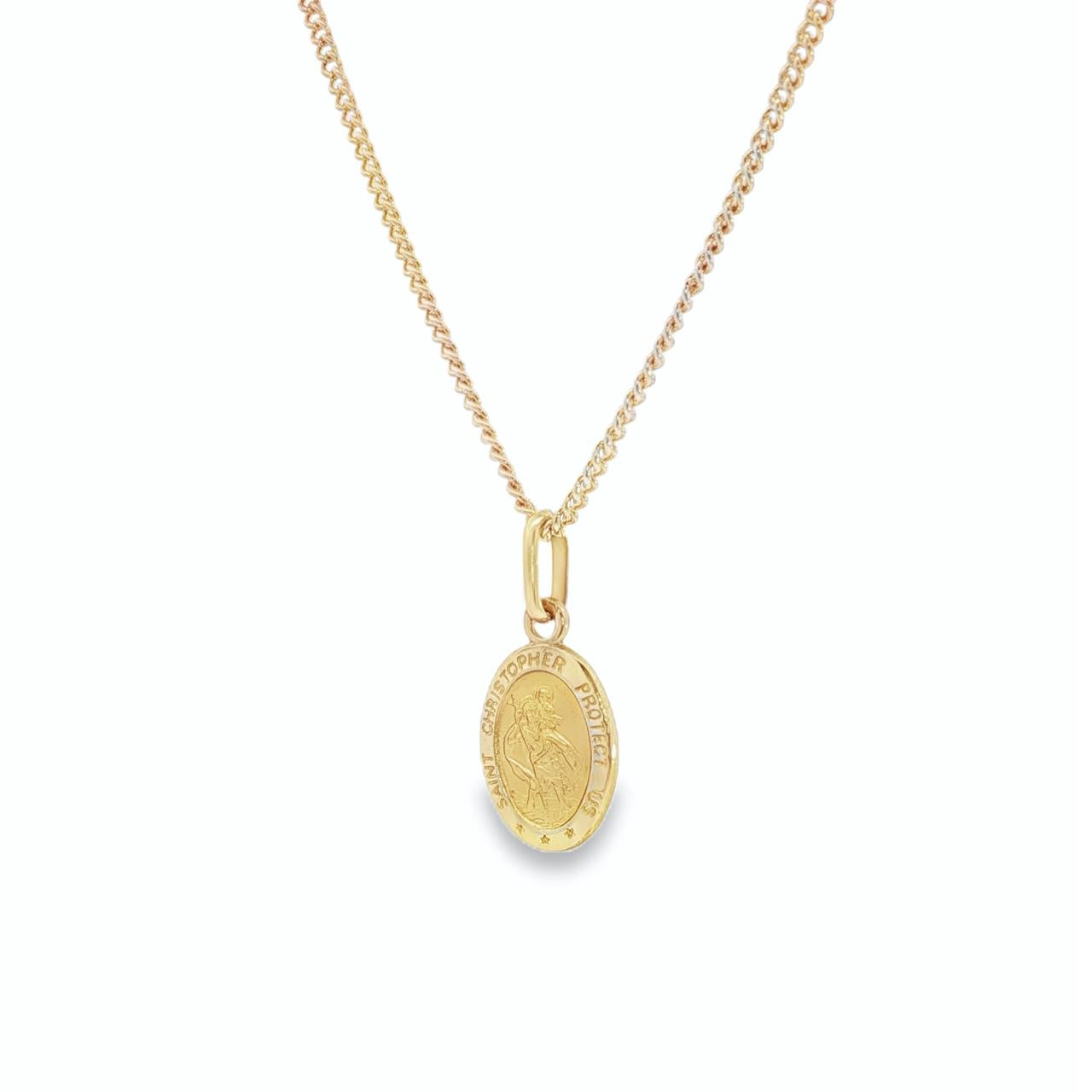 9ct yellow gold oval St Christopher pendant with traditional engraved design.