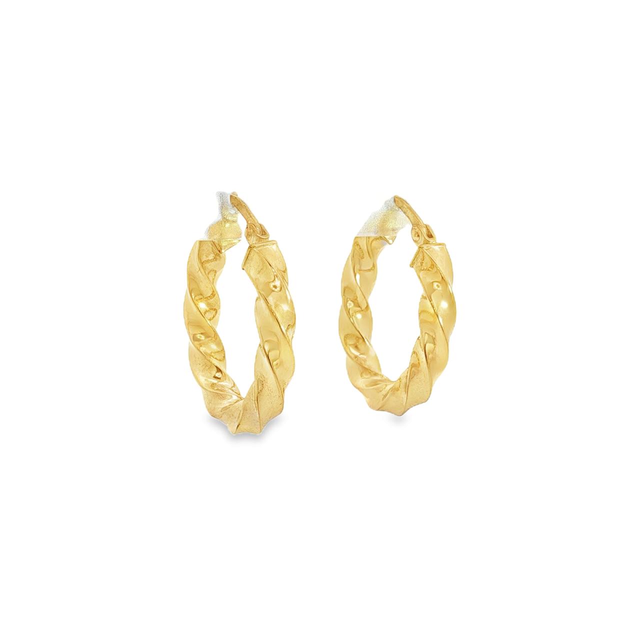 9ct yellow gold oval twist hoop earrings with thick polished tubing.