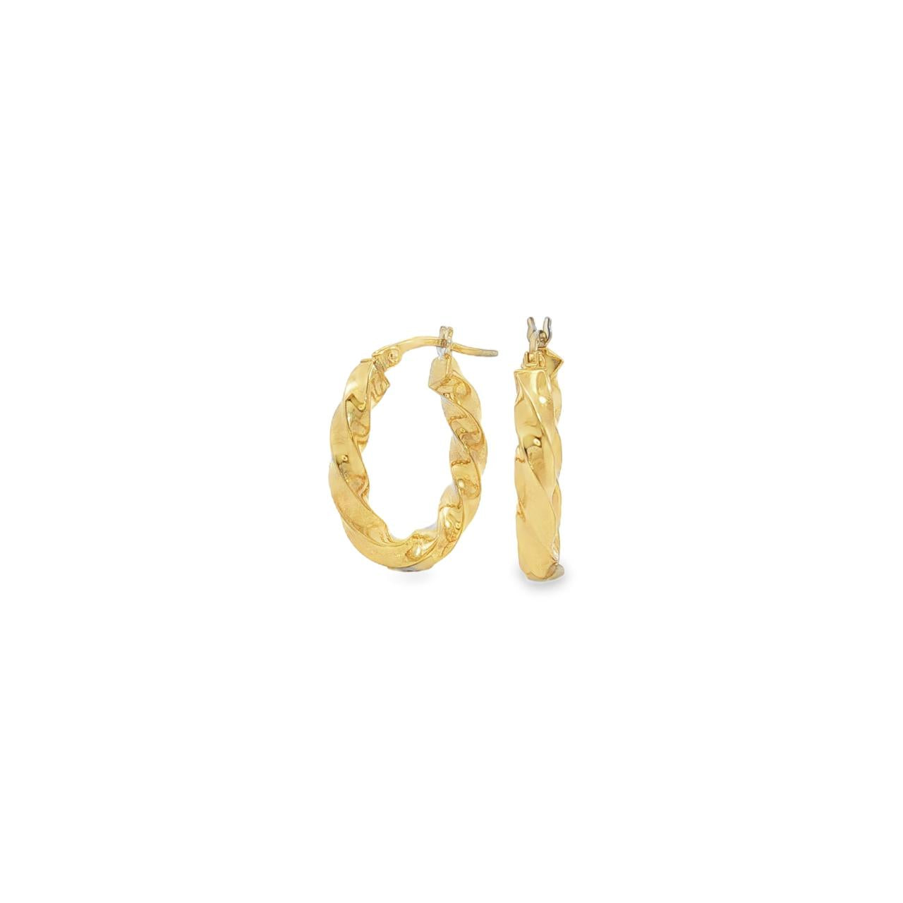 9ct yellow gold oval twist hoop earrings with thick polished tubing.