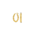9ct yellow gold oval twist hoop earrings with thick polished tubing.