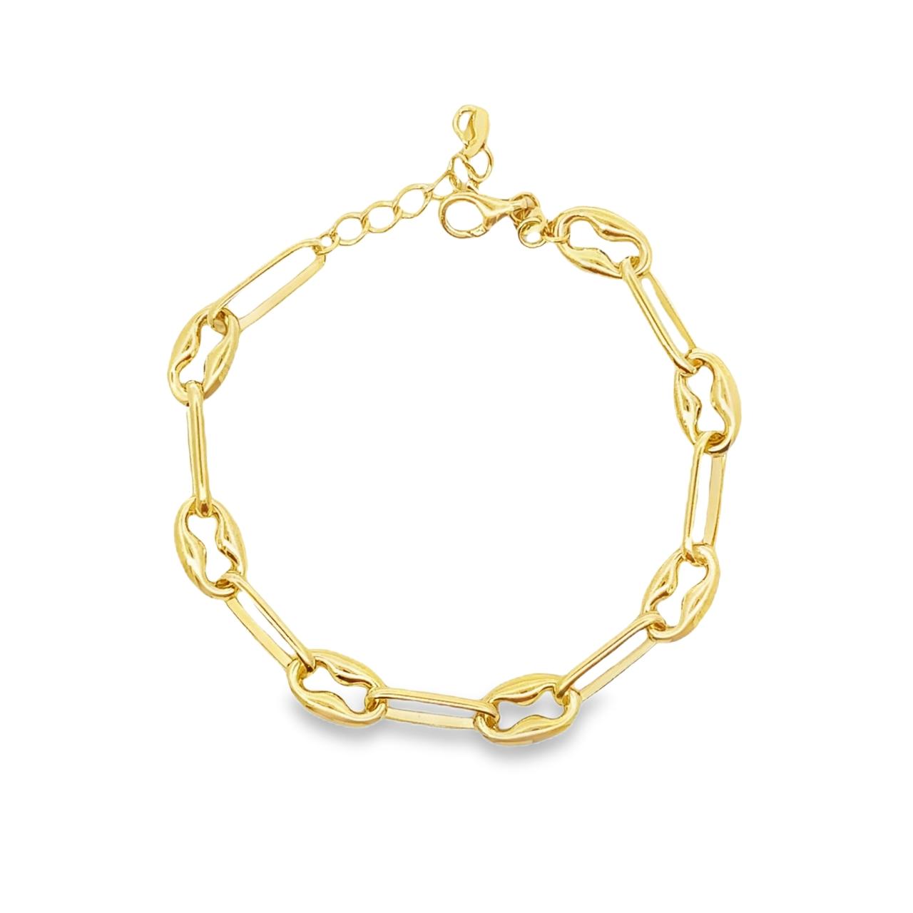 Yellow gold bracelet featuring paperclip-style oval links with a parrot clasp, 19cm length.