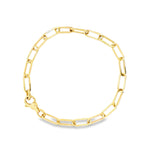 9ct yellow gold bracelet featuring 11 x 4.5mm oblong oval paperclip links and a fancy clasp with a polished finish.