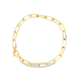 9ct yellow gold bracelet featuring 11 x 4.5mm oblong oval paperclip links and a fancy clasp with a polished finish.