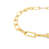 9ct yellow gold bracelet featuring 11 x 4.5mm oblong oval paperclip links and a fancy clasp with a polished finish.