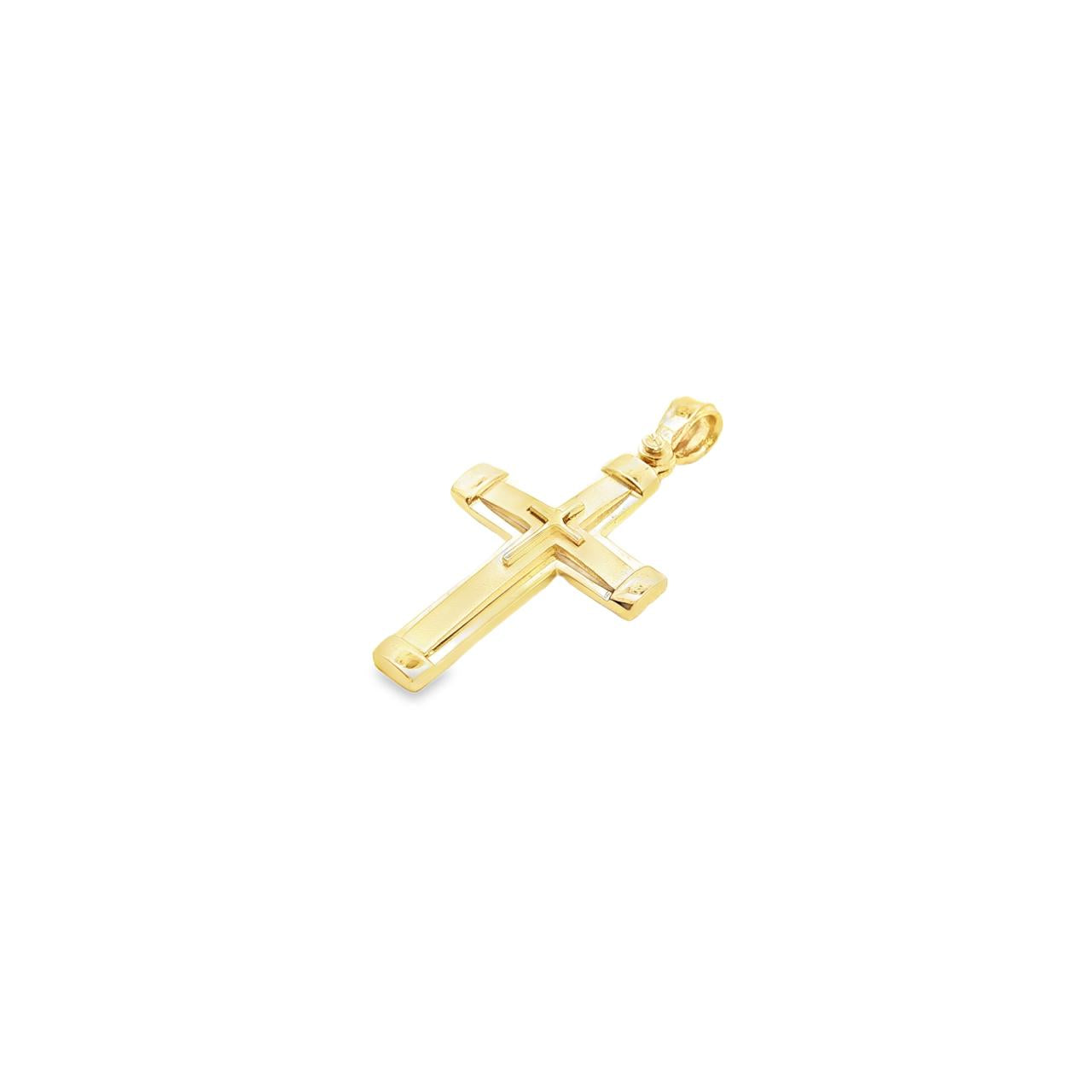 9ct yellow gold flat cross pendant with raised centre cross and polished edges.