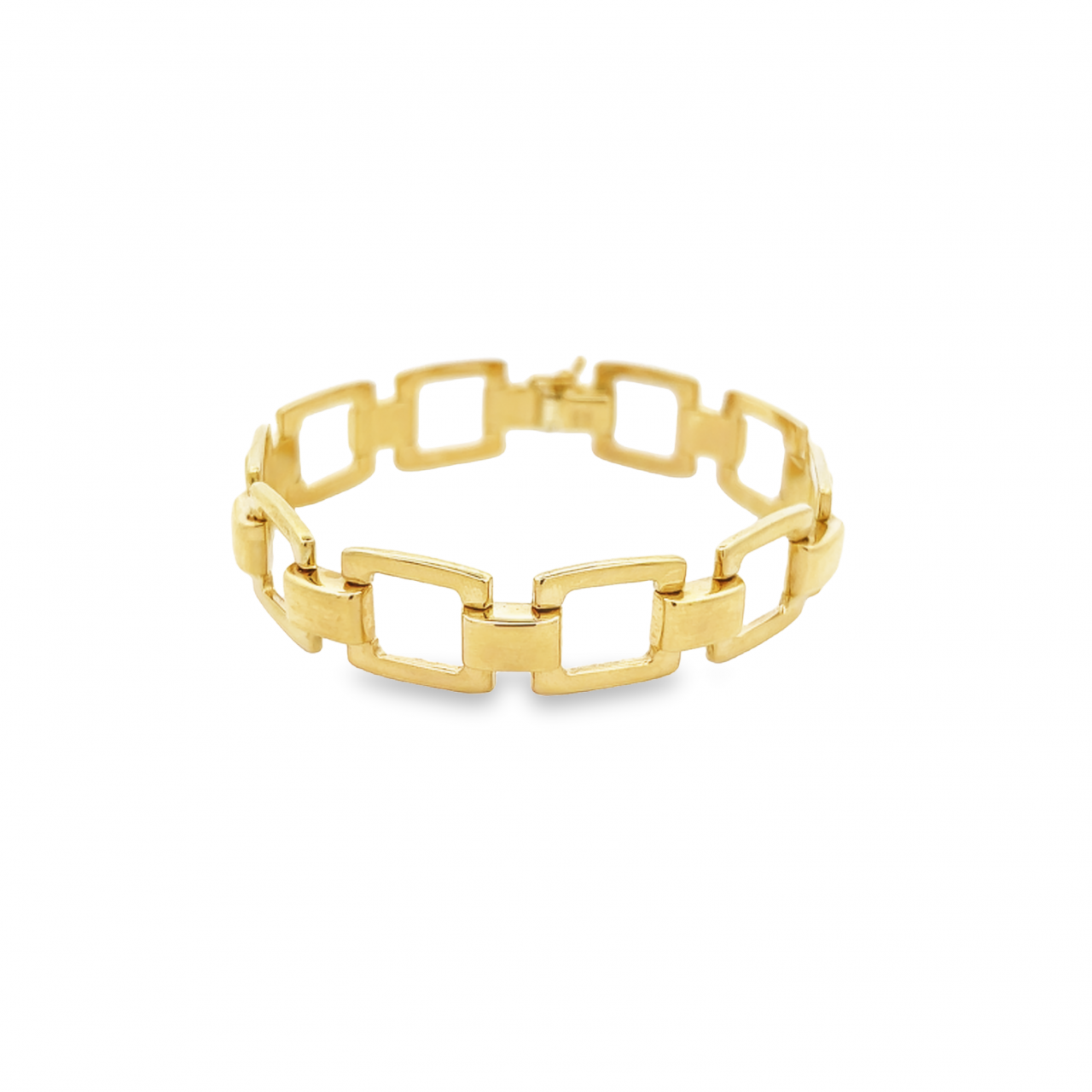Yellow gold bracelet featuring alternating open rectangular links and polished rectangular sections.