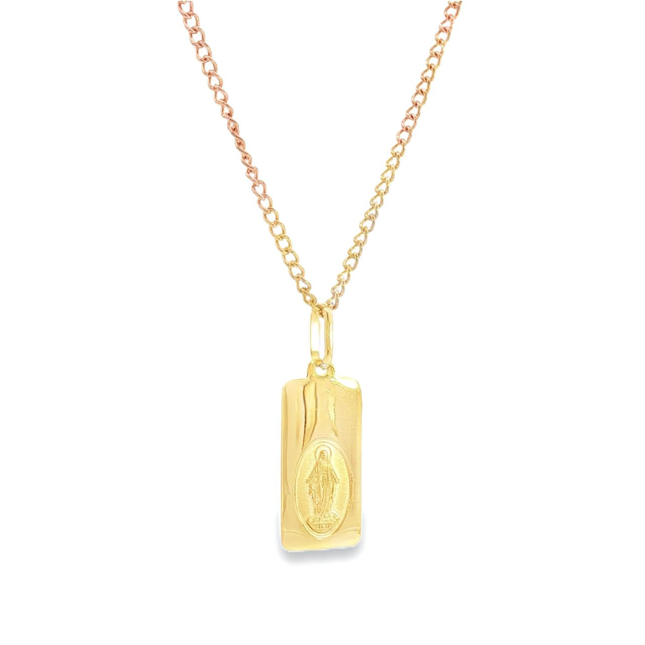 9ct yellow gold rectangular Miraculous Mary religious medal with articulated oval bale.