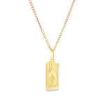 9ct yellow gold rectangular Miraculous Mary religious medal with articulated oval bale.