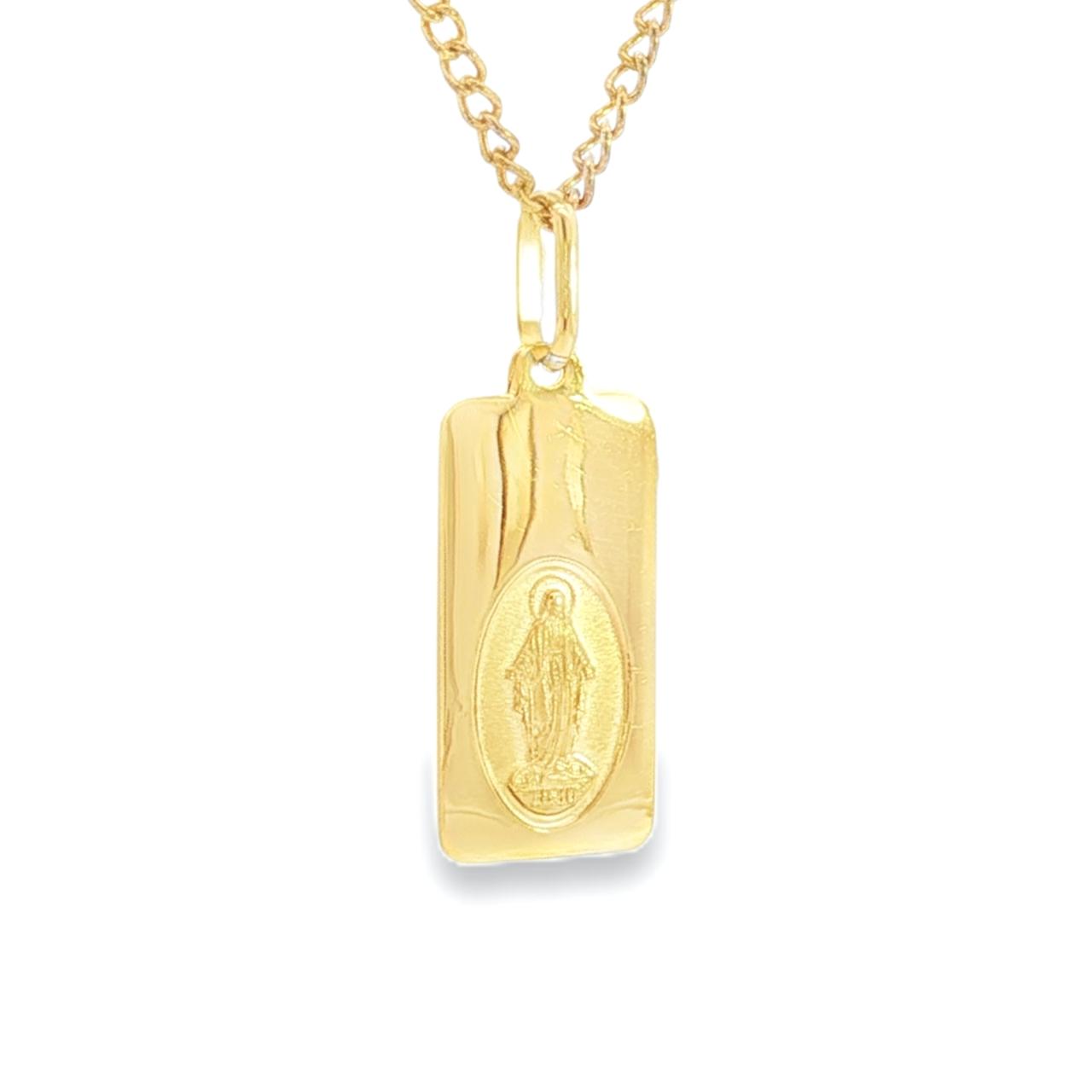9ct yellow gold rectangular Miraculous Mary religious medal with articulated oval bale.