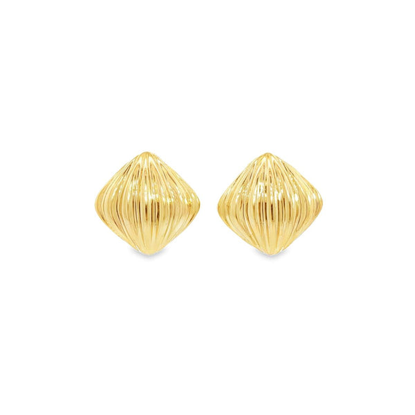 9ct yellow gold puffed cushion stud earrings with ridged texture.