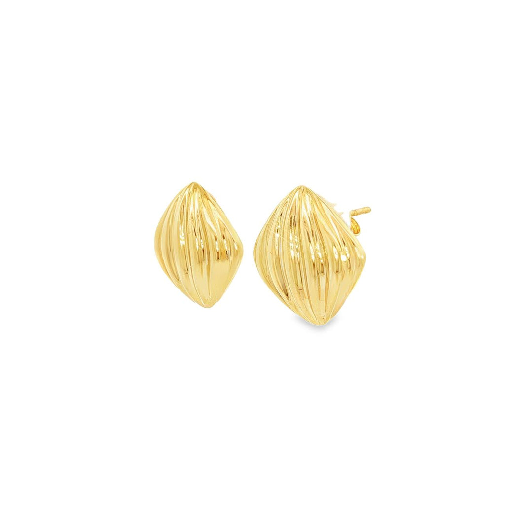 9ct yellow gold puffed cushion stud earrings with ridged texture.
