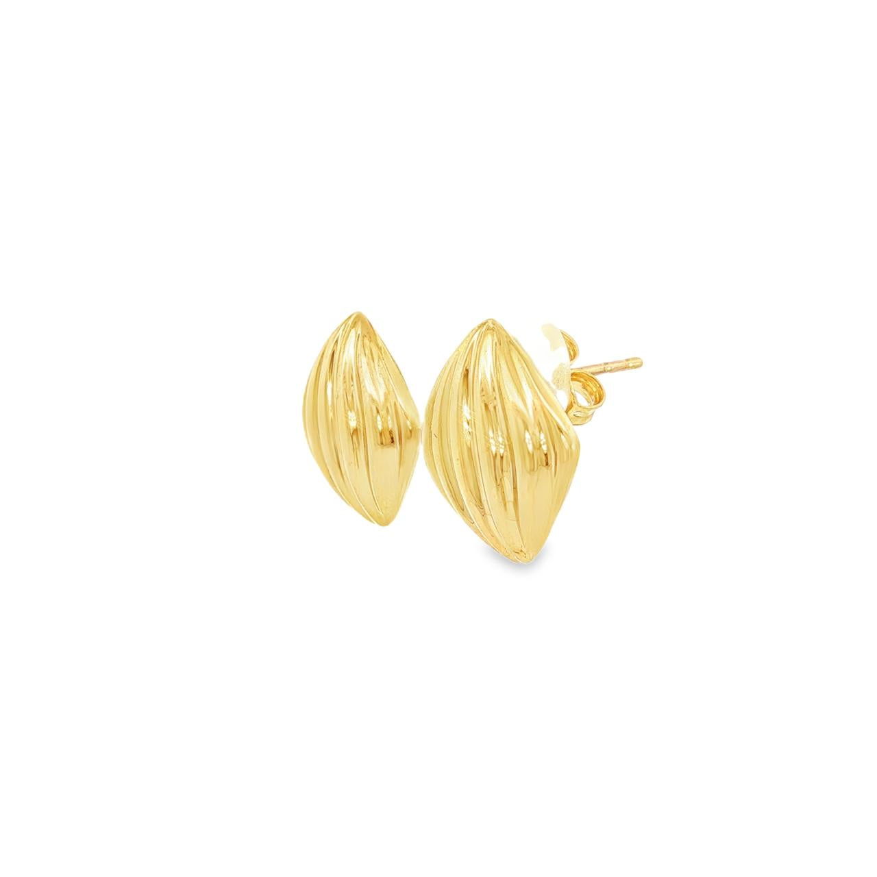 9ct yellow gold puffed cushion stud earrings with ridged texture.