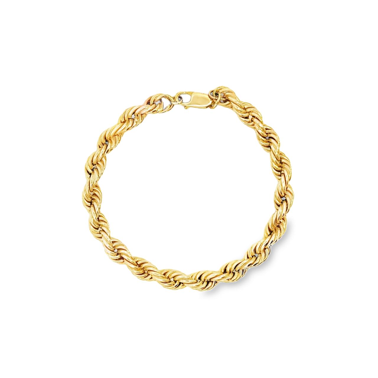 18ct yellow gold hollow rope bracelet, 6.8mm wide, polished finish with parrot clasp.