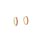 18ct yellow gold ruby huggie earrings with claw-set rubies front and back.