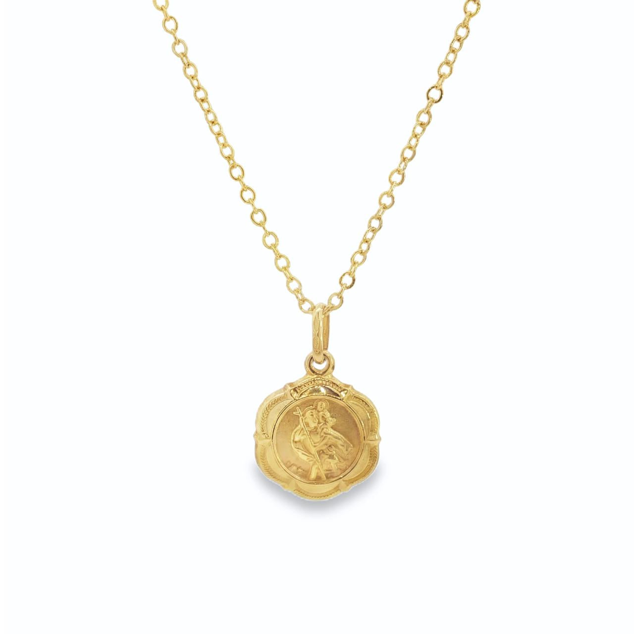 9ct yellow gold scalloped edge St Christopher pendant with engraved detailing.