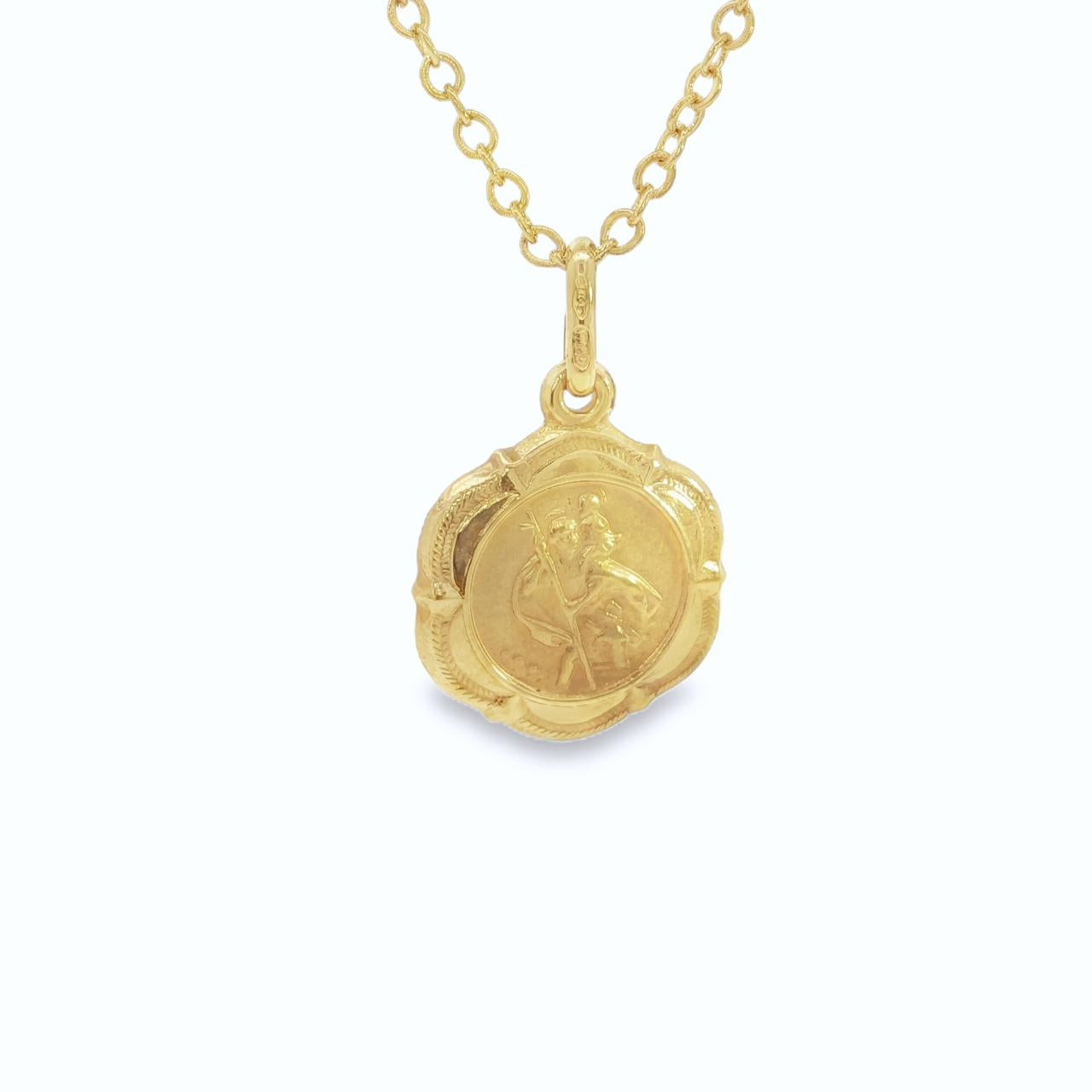 9ct yellow gold scalloped edge St Christopher pendant with engraved detailing.