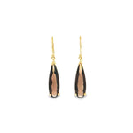 9ct yellow gold elongated smokey quartz pear-cut drop earrings with v-cap and claw settings.