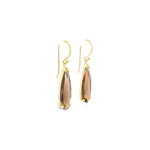 9ct yellow gold elongated smokey quartz pear-cut drop earrings with v-cap and claw settings.