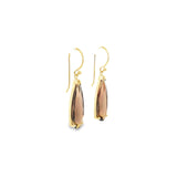 9ct yellow gold elongated smokey quartz pear-cut drop earrings with v-cap and claw settings.
