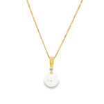 18ct yellow gold pendant with 9mm South Sea pearl and diamond accent at the top.