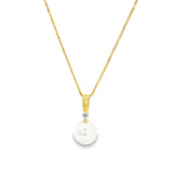 18ct yellow gold pendant with 9mm South Sea pearl and diamond accent at the top.