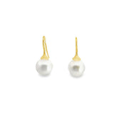18ct yellow gold hook earrings with tapered caps and 10mm South Sea pearls.