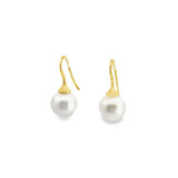 18ct yellow gold hook earrings with tapered caps and 10mm South Sea pearls.