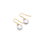 18ct yellow gold hook earrings with tapered caps and 10mm South Sea pearls.