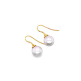 18ct yellow gold hook earrings with tapered caps and 10mm South Sea pearls.