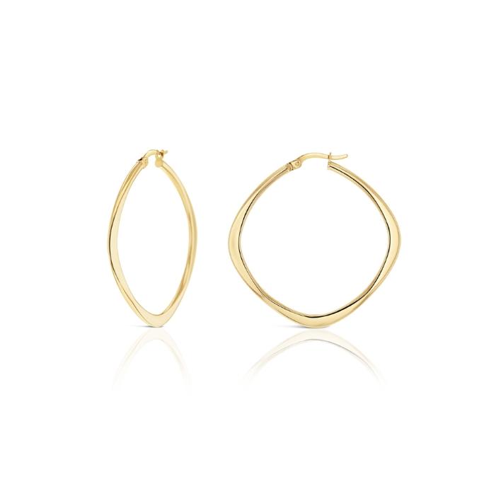 9ct yellow gold square cushion-shaped hoop earrings with flattened base.