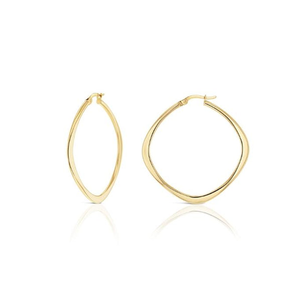 9ct yellow gold square cushion-shaped hoop earrings with flattened base.