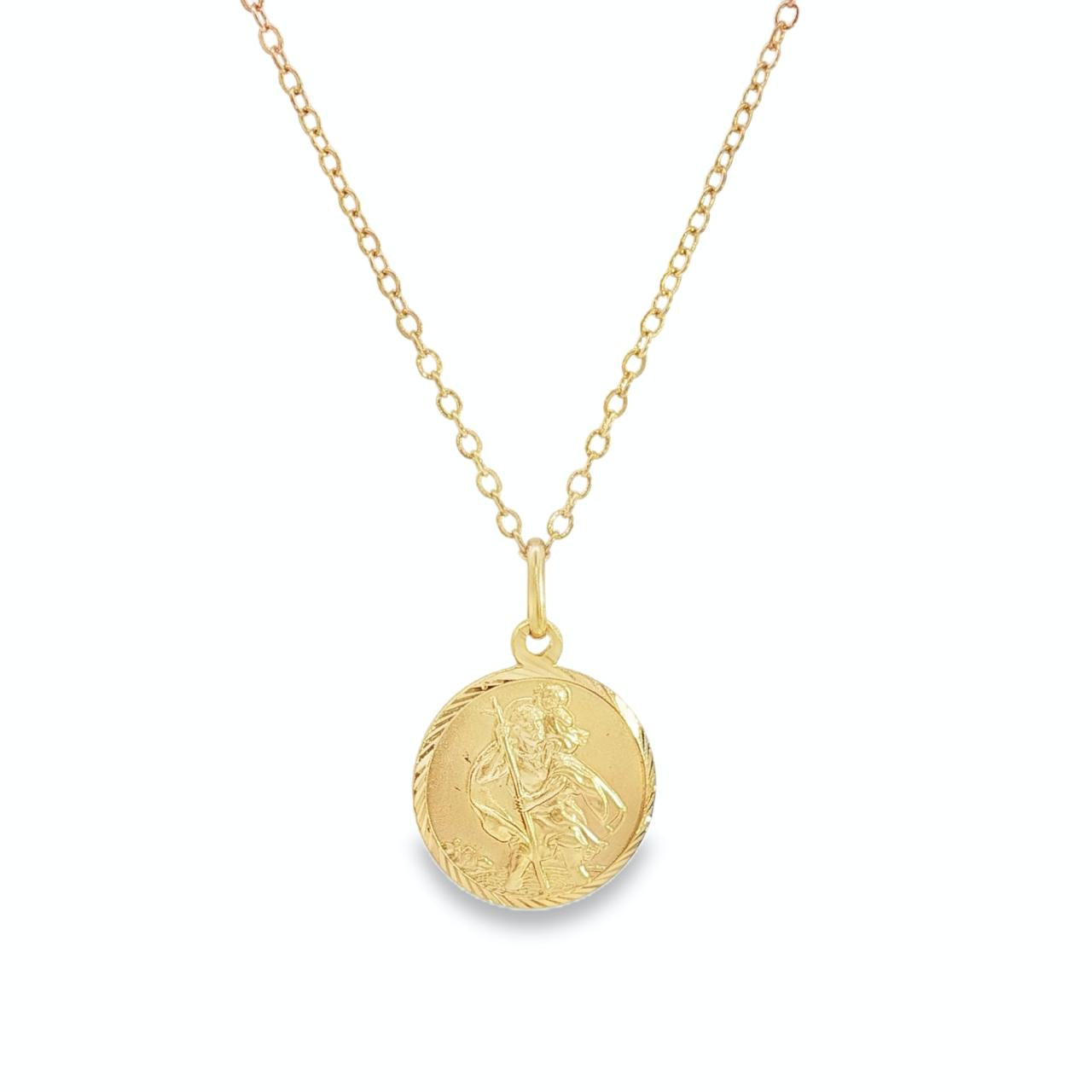 9ct yellow gold St Christopher charm with traditional engraved design.