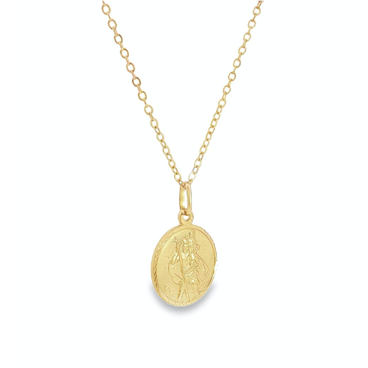9ct yellow gold St Christopher charm with traditional engraved design.