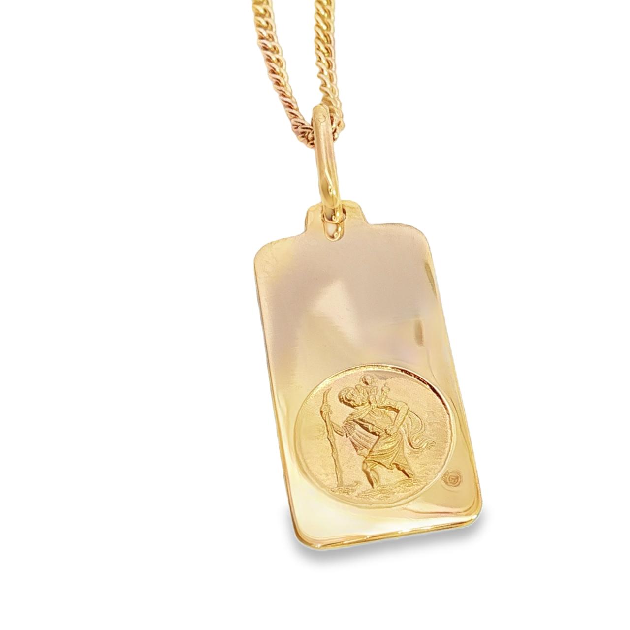 9ct yellow gold St Christopher ingot-style religious medallion with engraved round detail.