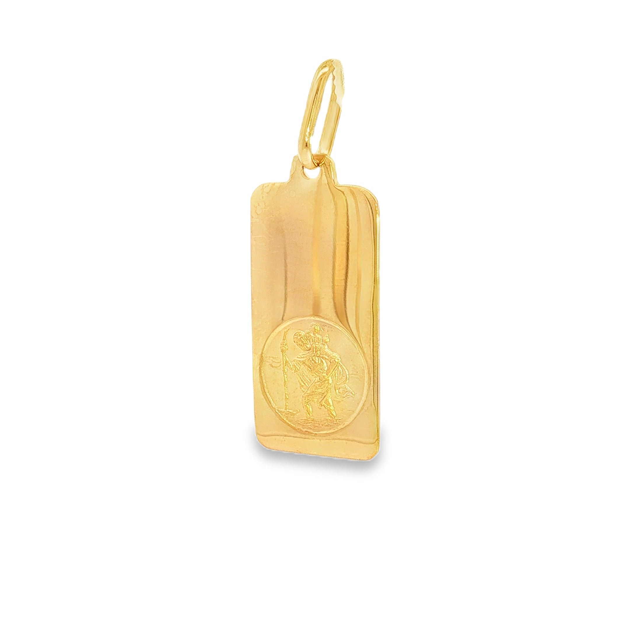 9ct yellow gold St Christopher ingot-style religious medallion with engraved round detail.