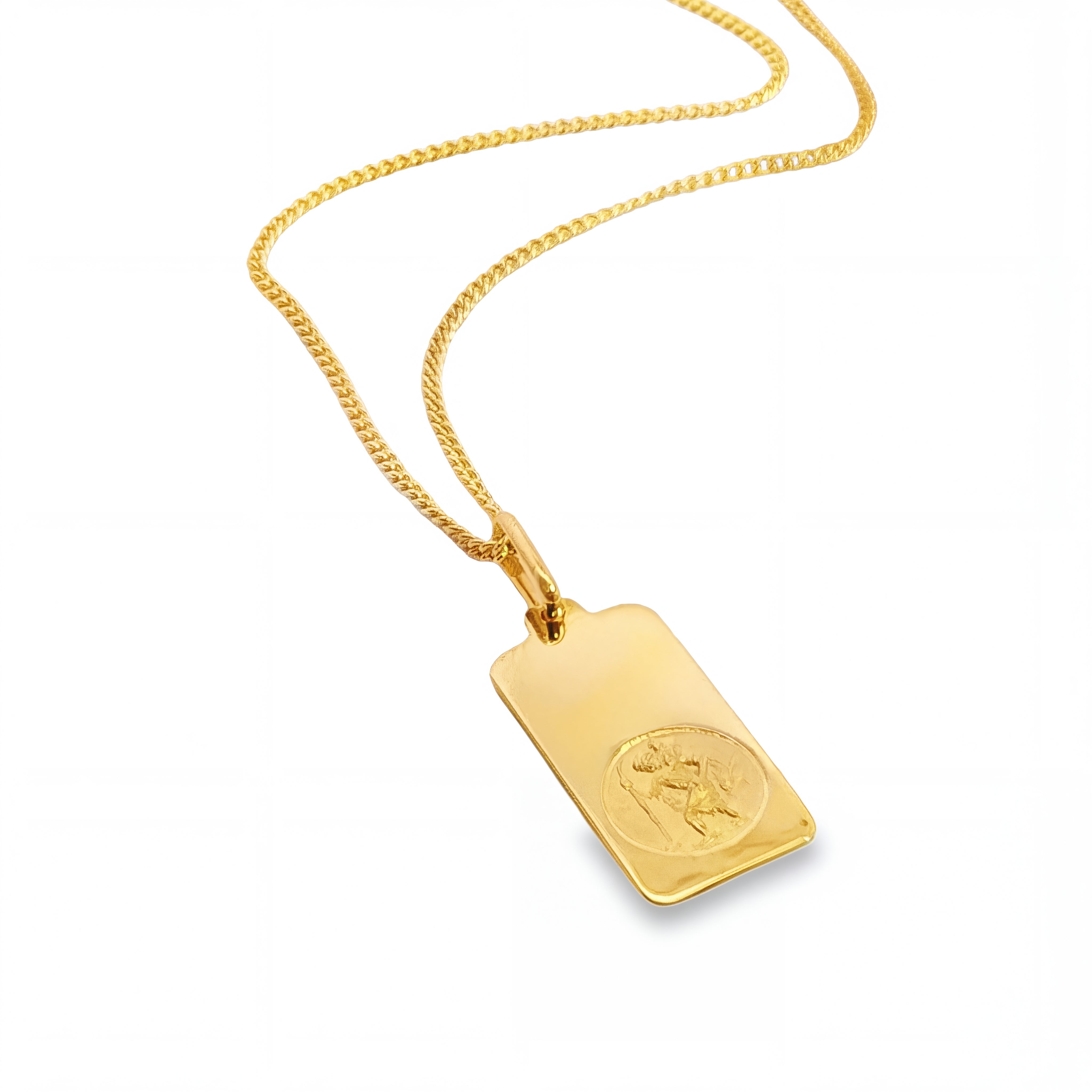 9ct yellow gold St Christopher ingot-style religious medallion with engraved round detail.