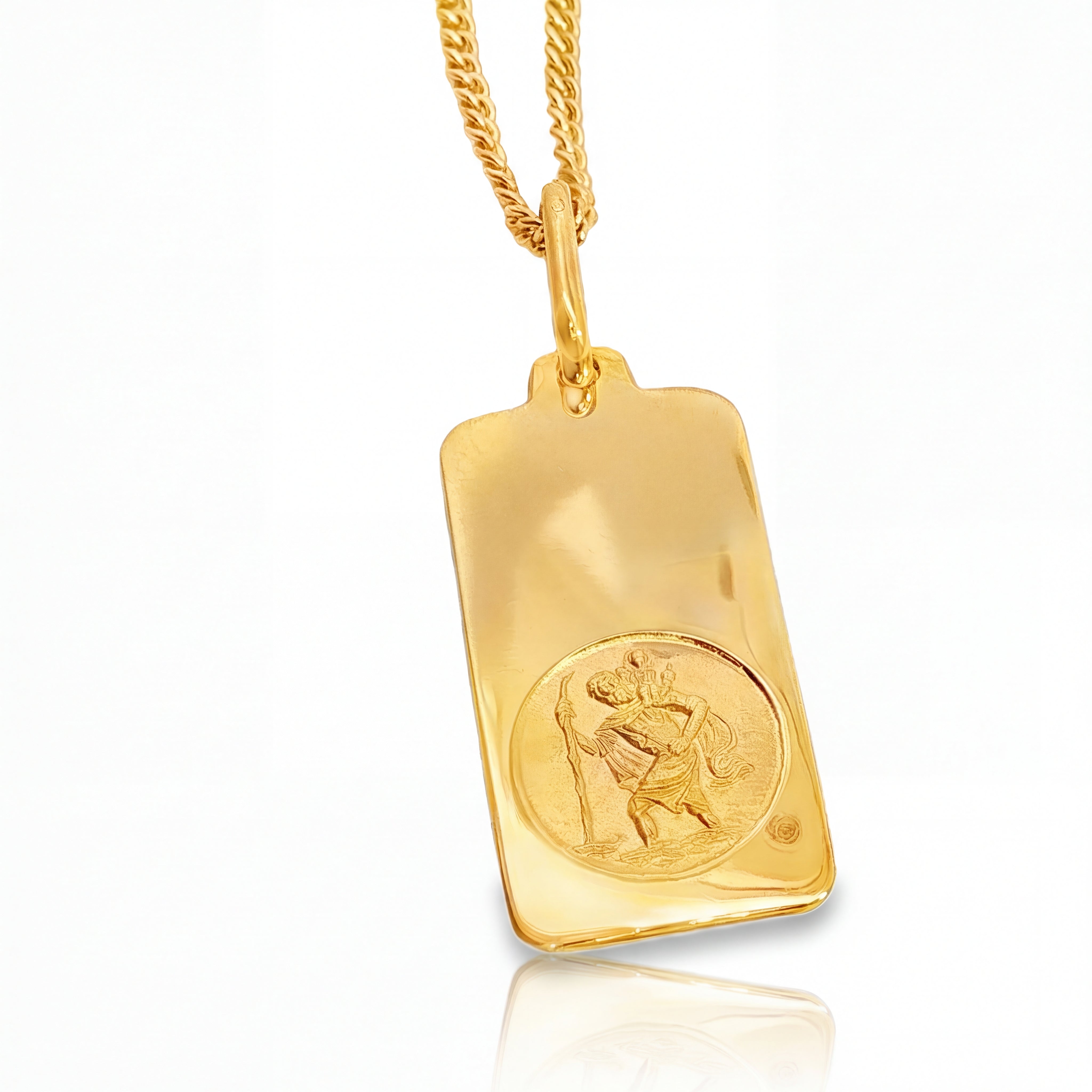 9ct yellow gold St Christopher ingot-style religious medallion with engraved round detail.